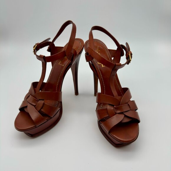 Yves Saint Laurent Shoes - Saint Laurent YSL Tribute Brown Leather Platform Sandals Size 37 US 7